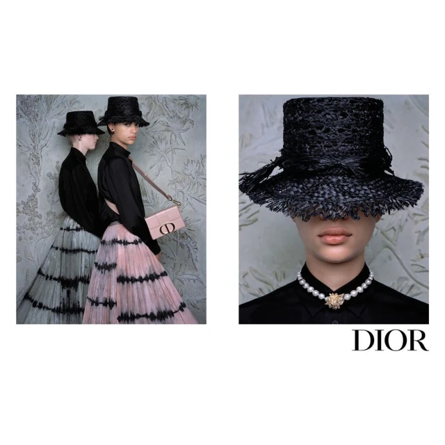 Two women wearing straw hats and pleated skirts, one carrying a pink purse, with a close-up of a woman wearing a straw hat and pearl necklace.