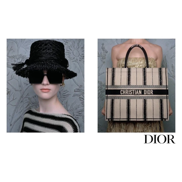 Fashion editorial featuring a model in a straw hat and striped shirt, next to a woman holding a Dior tote bag against a floral backdrop.