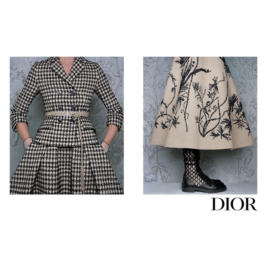 Fashion advertisement featuring a female model wearing a houndstooth jacket and skirt with a beige belt, and a beige skirt with black embroidery.