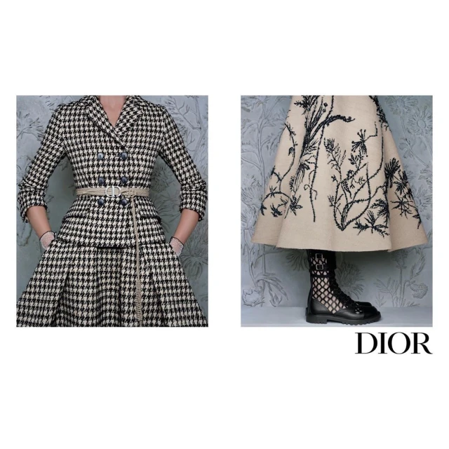 Fashion advertisement featuring a female model wearing a houndstooth jacket and skirt with a beige belt, and a beige skirt with black embroidery.