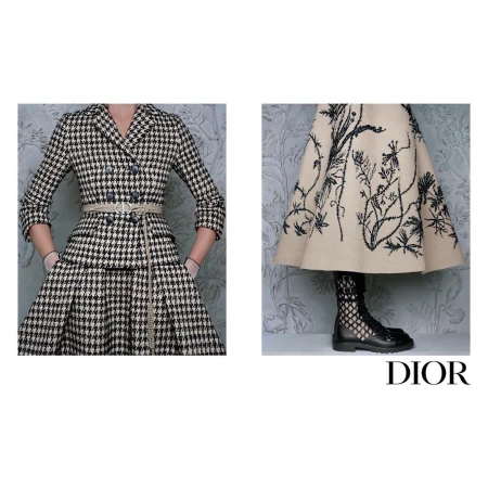 Fashion advertisement featuring a female model wearing a houndstooth jacket and skirt with a beige belt, and a beige skirt with black embroidery.