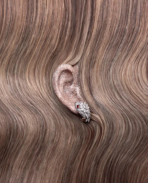 Close-up of an ear with a diamond earring, surrounded by blond hair, showcasing the earring's sparkle and elegance.