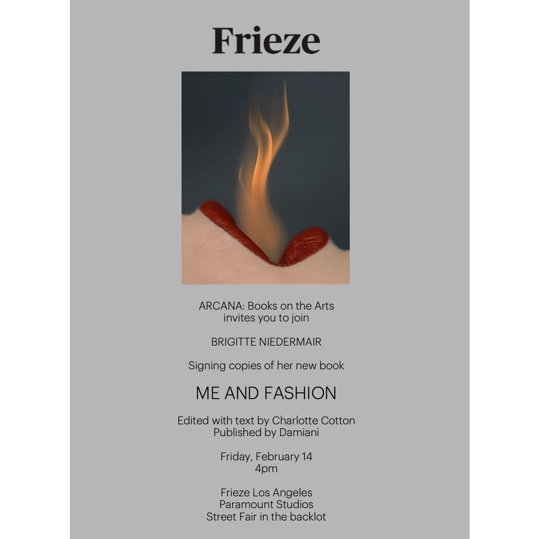 Promotional poster for 'Me and Fashion' book signing by Brigitte Nierdermair. Features a surreal flame, title, and event details.