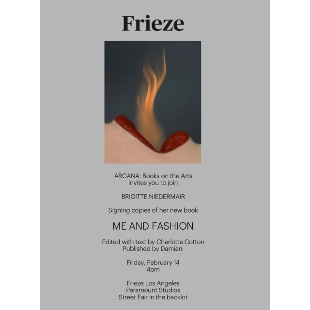 Promotional poster for 'Me and Fashion' book signing by Brigitte Nierdermair. Features a surreal flame, title, and event details.