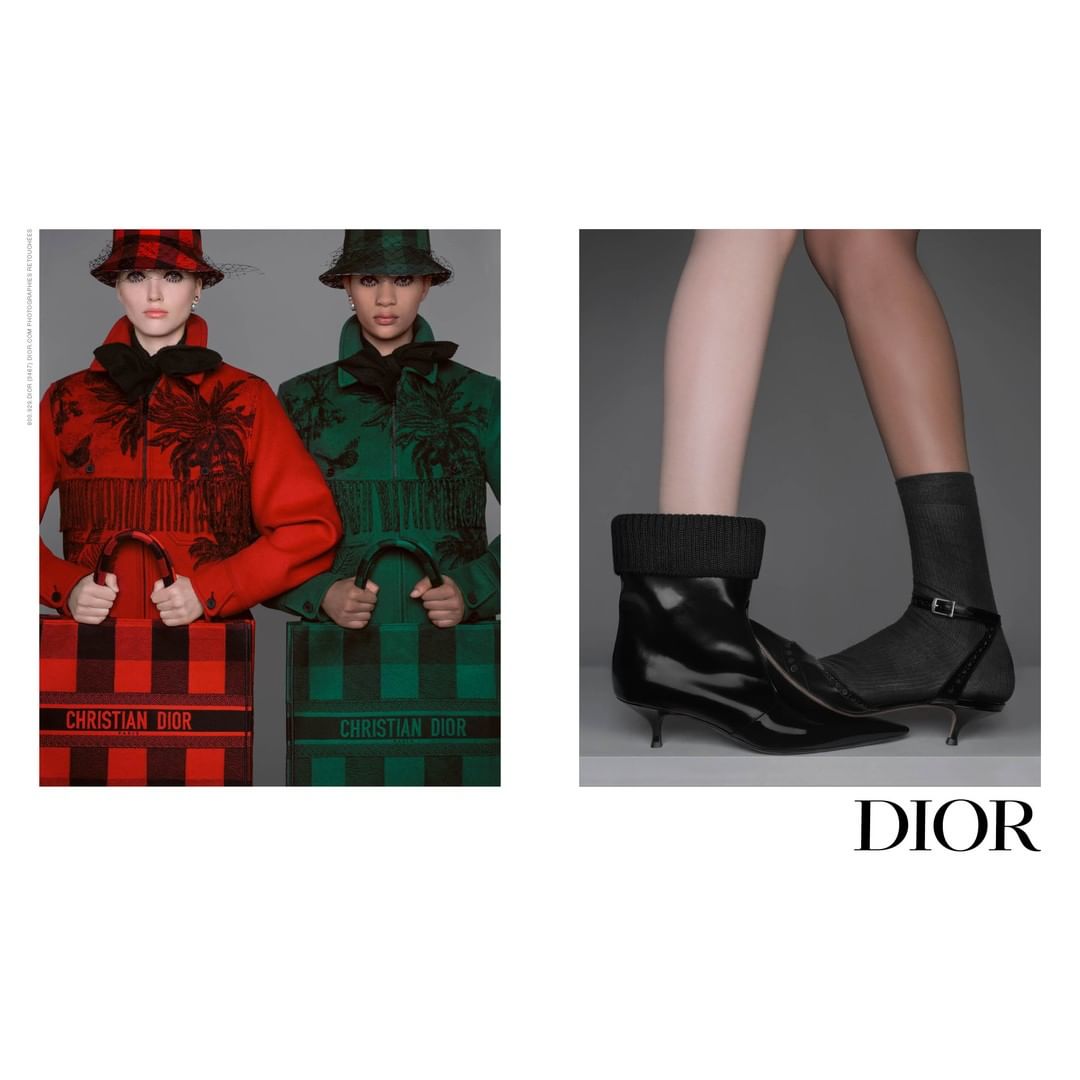 Two women in patterned coats & hats hold plaid shopping bags, alongside shoes on display with the brand logo in neutral studio light.