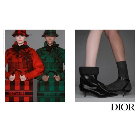 Two women in patterned coats & hats hold plaid shopping bags, alongside shoes on display with the brand logo in neutral studio light.