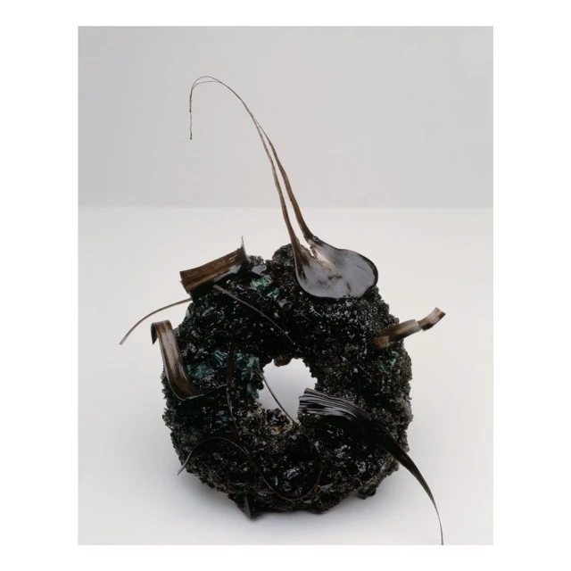Abstract art piece featuring a dark, textured, donut-shaped object adorned with glossy, dark-colored, organic elements, against a plain background.
