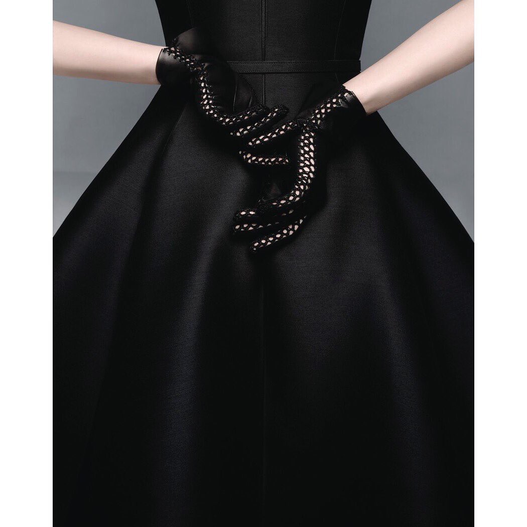 Close-up of a person wearing a black dress and ornate leather gloves, creating a formal and high-fashion aesthetic.