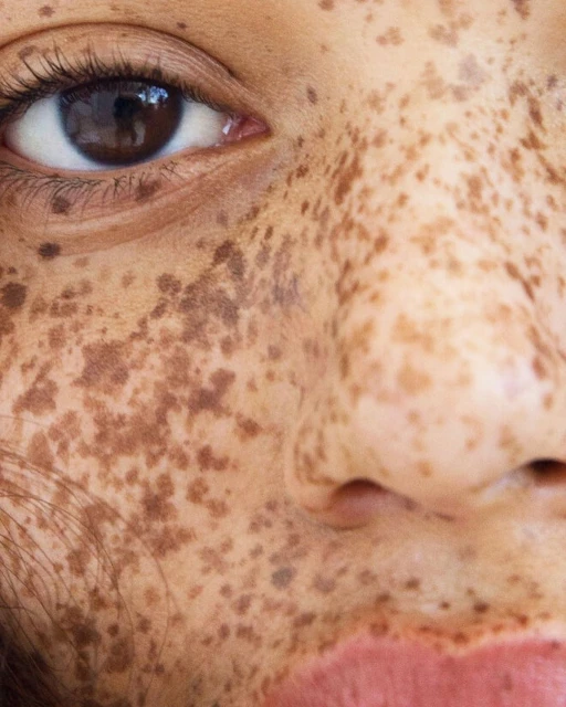 Close-up portrait of a fair-skinned adult female with dark freckles on her face, highlighting skin texture and a natural beauty aesthetic.