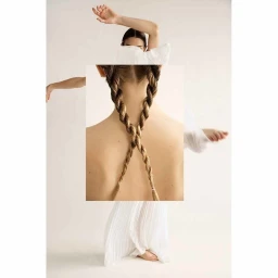 Collage portrait of a woman with braided hair and white attire against a plain background photographed by Brigitte Sire