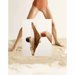 Collage fashion photograph by Brigitte Sire showing woman wearing swimsuit on sandy beach with layered insert