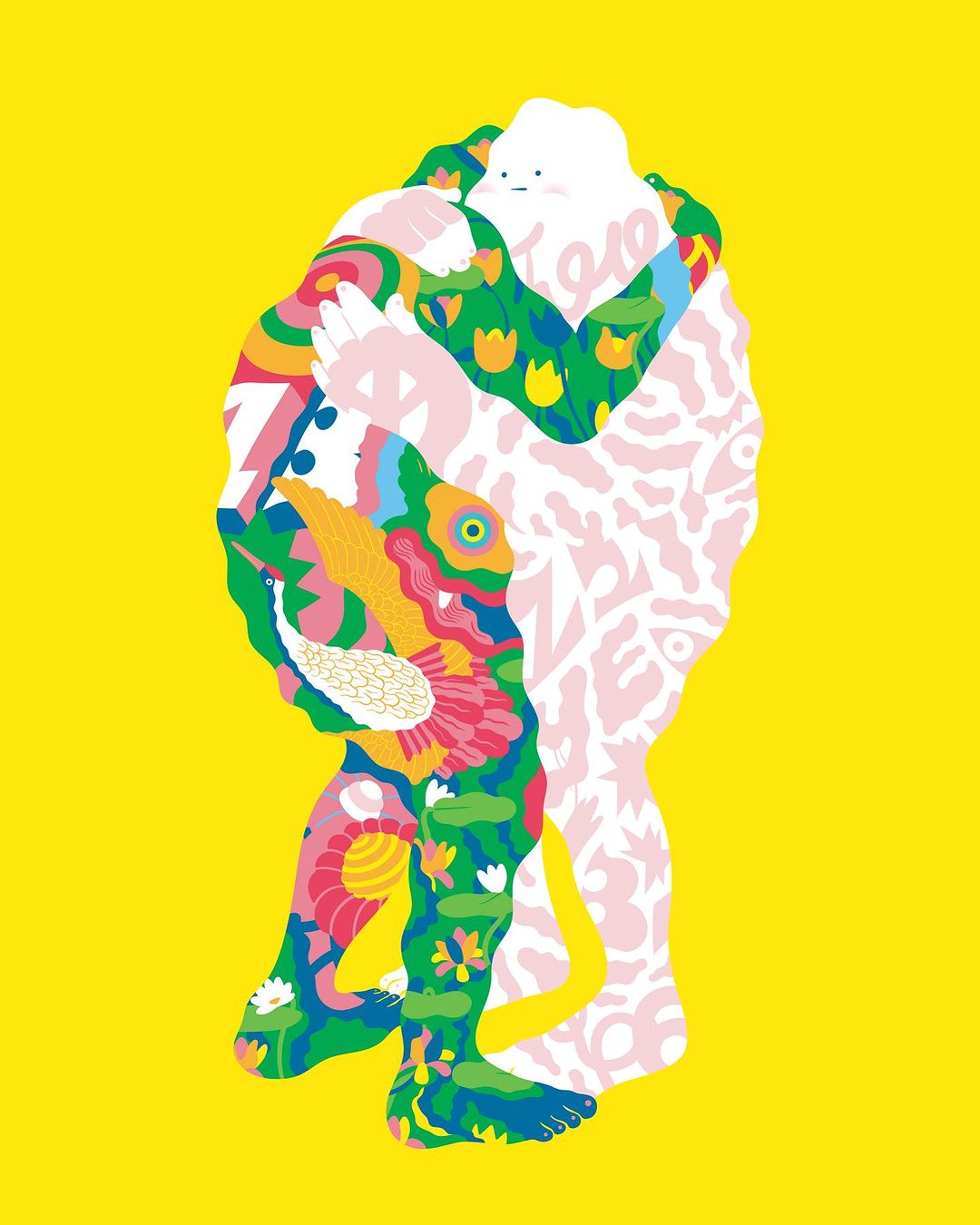 Two people hug in an artistic rendering on a yellow background; one is white, one is in patterns and colors including flowers and birds.
