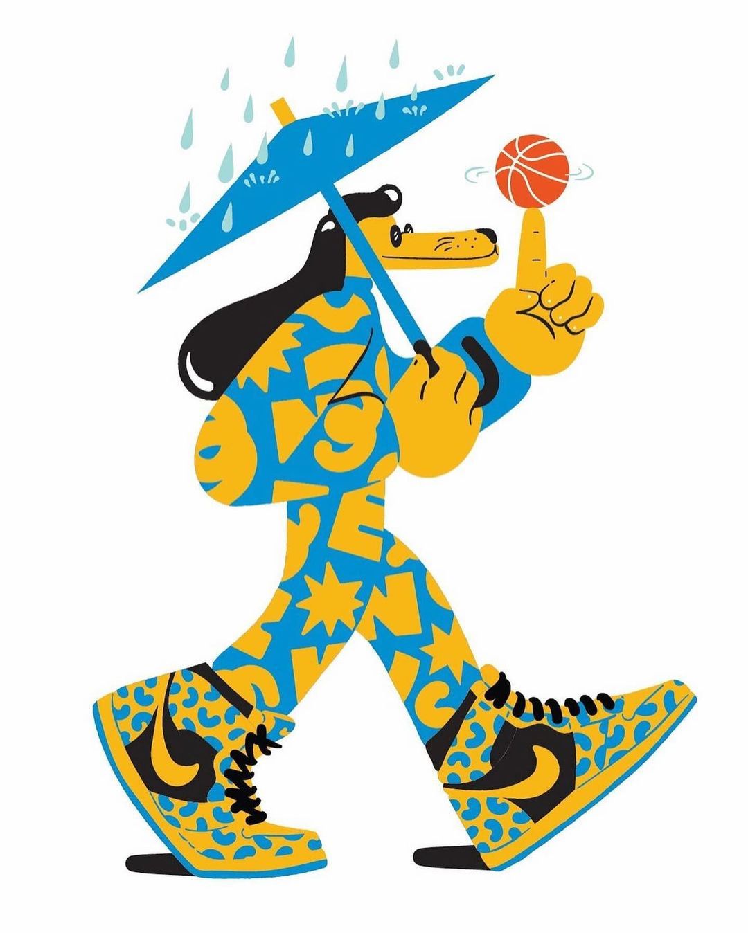 Whimsical illustration of a cartoon dog character in yellow and blue patterned clothing, balancing a basketball on its finger while holding an umbrella.