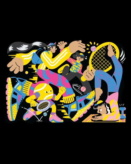 Illustration of stylized figures playing tennis, wearing colorful outfits and shoes, with tennis racquets and balls on a black background.