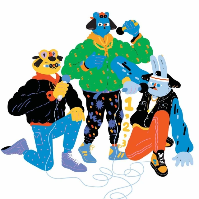 Whimsical illustration of three anthropomorphic cartoon characters with animal heads singing into microphones in an upbeat musical performance.