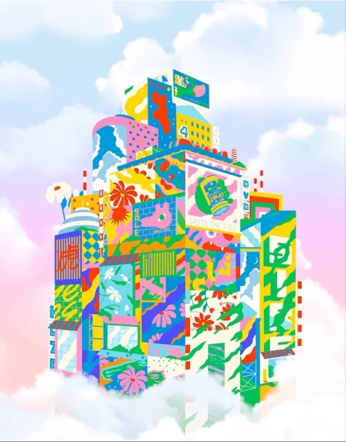 Colorful illustration of a building complex in a cloudscape, showcasing a whimsical and vibrant architectural design with various commercial elements.