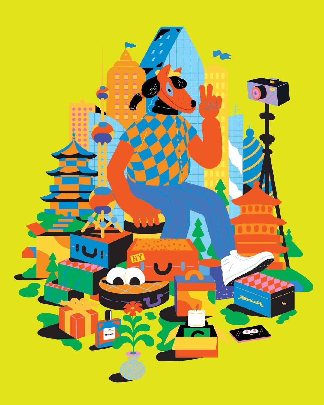 Anthropomorphic dog illustration wearing clothes sits on luggage near cityscape with camera and gifts on bright yellow background.