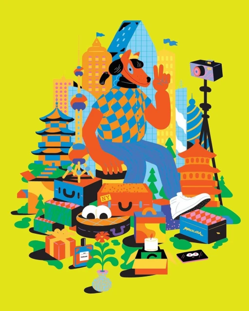 Anthropomorphic dog illustration wearing clothes sits on luggage near cityscape with camera and gifts on bright yellow background.