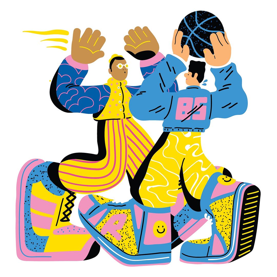 Illustrated scene of two cartoon people playing basketball, wearing casual clothing and oversized shoes on a white background.
