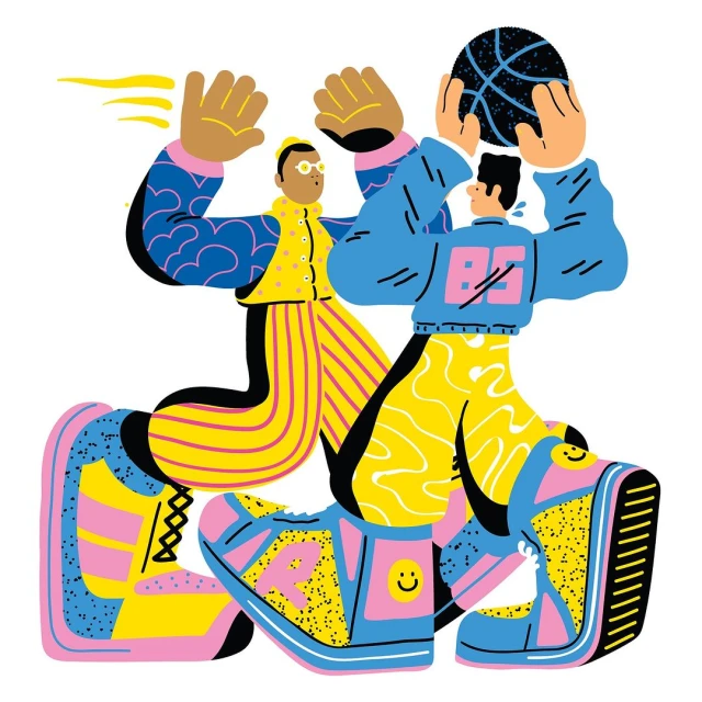 Illustrated scene of two cartoon people playing basketball, wearing casual clothing and oversized shoes on a white background.
