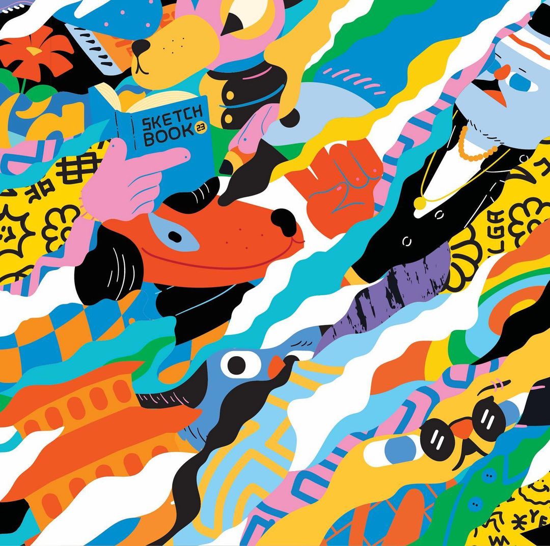 Colorful abstract illustration with dog, human faces, and hands, with a sketch book. Vivid, graphic, flat art style with geometric patterns.
