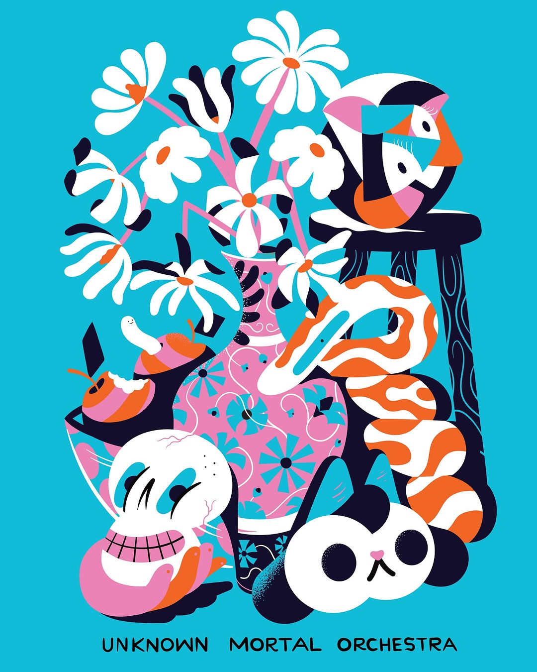 Whimsical vector art illustration featuring flowers in a patterned vase alongside stylized animals against a vibrant cyan background.