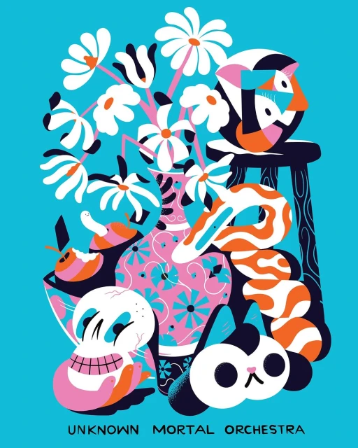 Whimsical vector art illustration featuring flowers in a patterned vase alongside stylized animals against a vibrant cyan background.