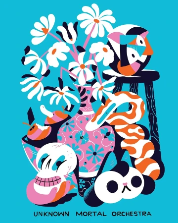Whimsical vector art illustration featuring flowers in a patterned vase alongside stylized animals against a vibrant cyan background.