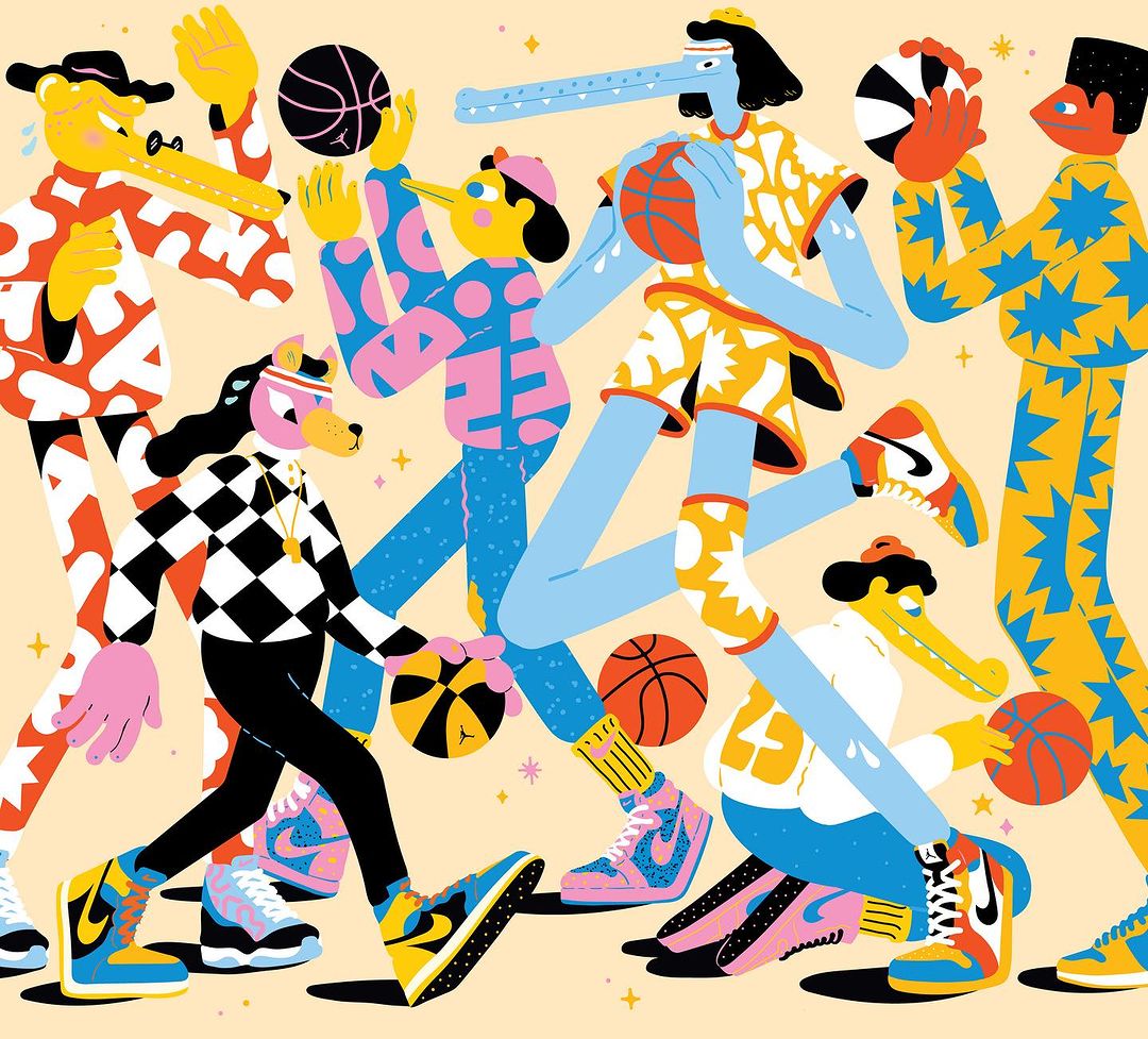 Illustration of a group of figures with cartoonish, animalistic features wearing colorful outfits, basketball shoes, and dribbling basketballs.