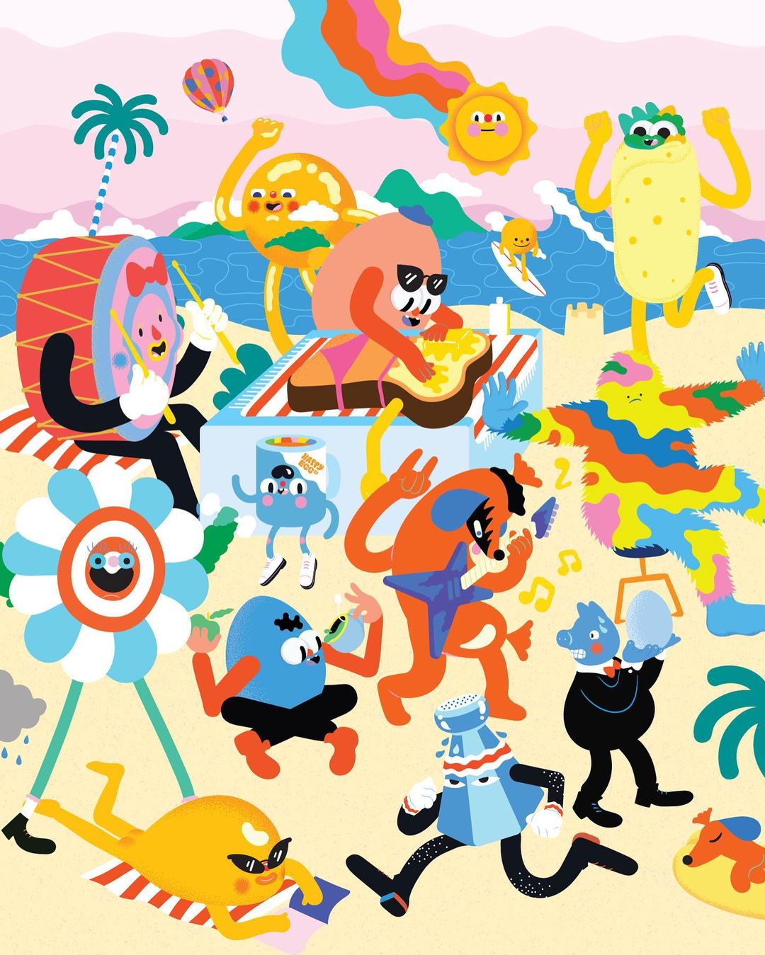 Whimsical illustration of animated food characters enjoying a beach party with sunshine, rainbow, palm trees, and playful vibes.