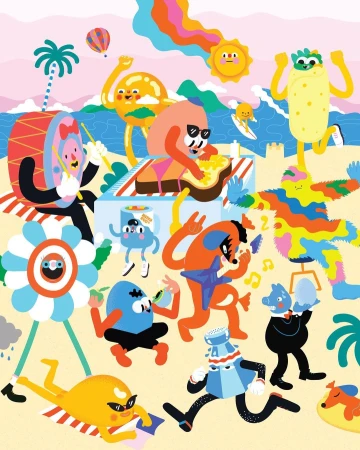 Whimsical illustration of animated food characters enjoying a beach party with sunshine, rainbow, palm trees, and playful vibes.