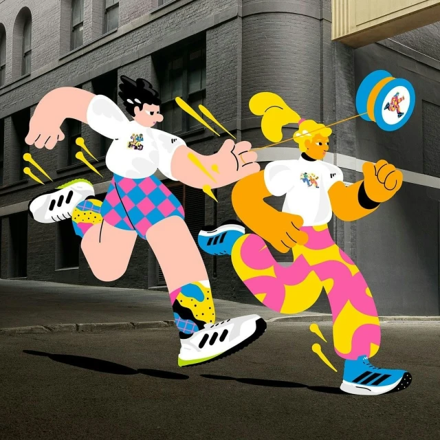 Two cartoon figures with distinct styles run on a city street, one playing with a blue yo-yo. The image is colorful and dynamic.