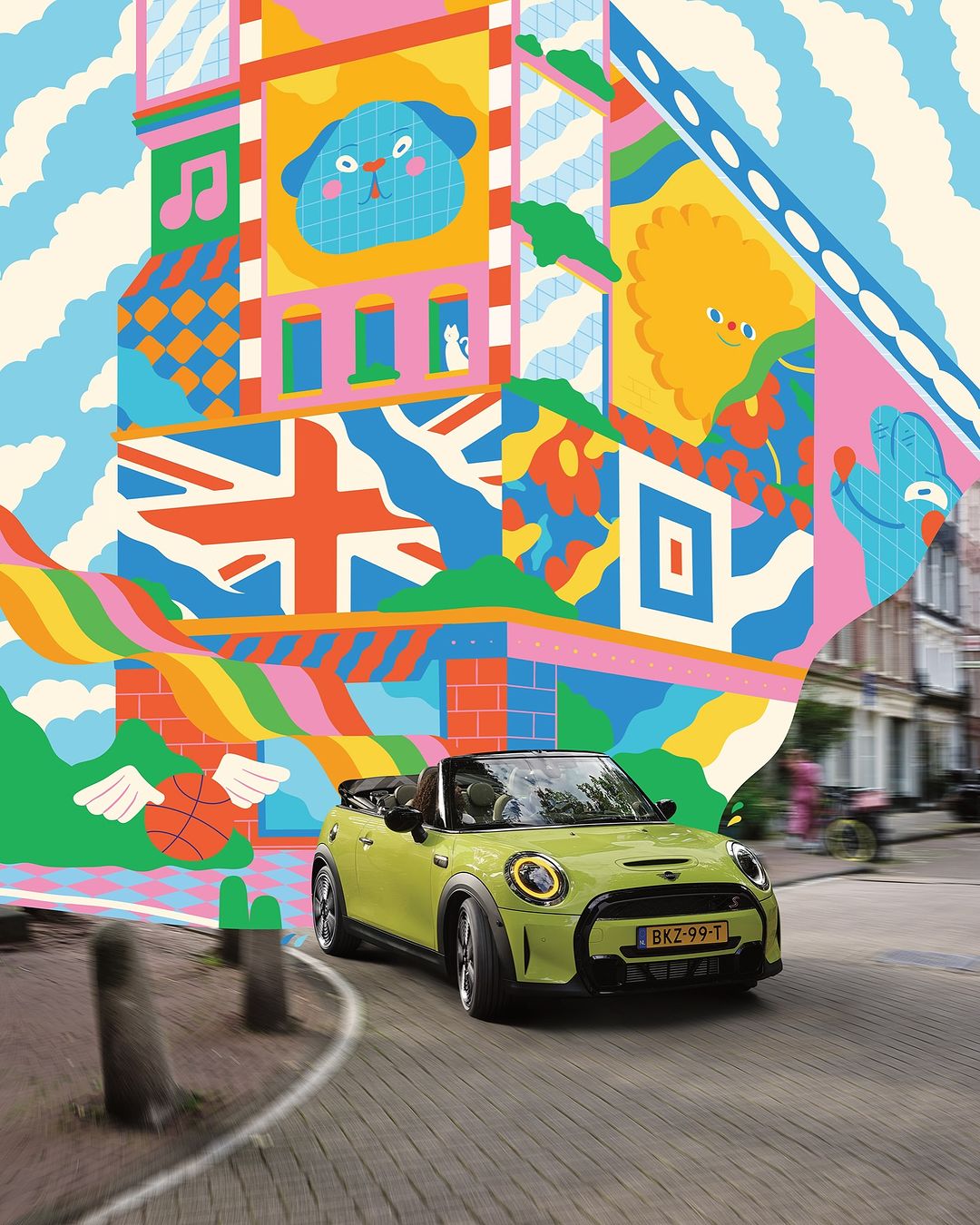 Lime green Mini Cooper convertible driving on a city street with colorful building illustration in the background and white clouds.