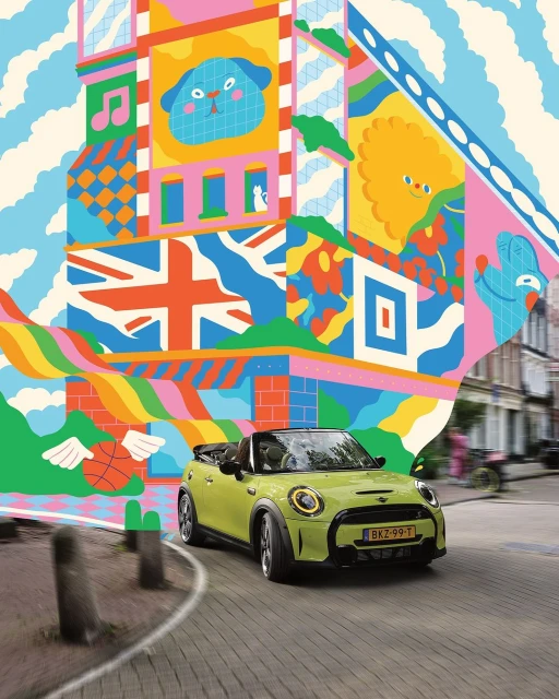 Lime green Mini Cooper convertible driving on a city street with colorful building illustration in the background and white clouds.