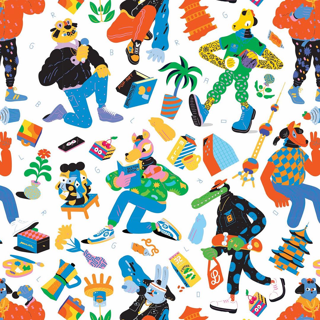 Colorful illustration featuring various anthropomorphic animal characters in patterned clothing alongside assorted objects on a white background.