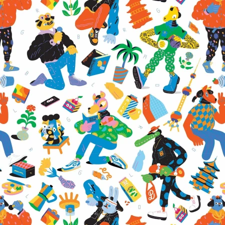 Colorful illustration featuring various anthropomorphic animal characters in patterned clothing alongside assorted objects on a white background.