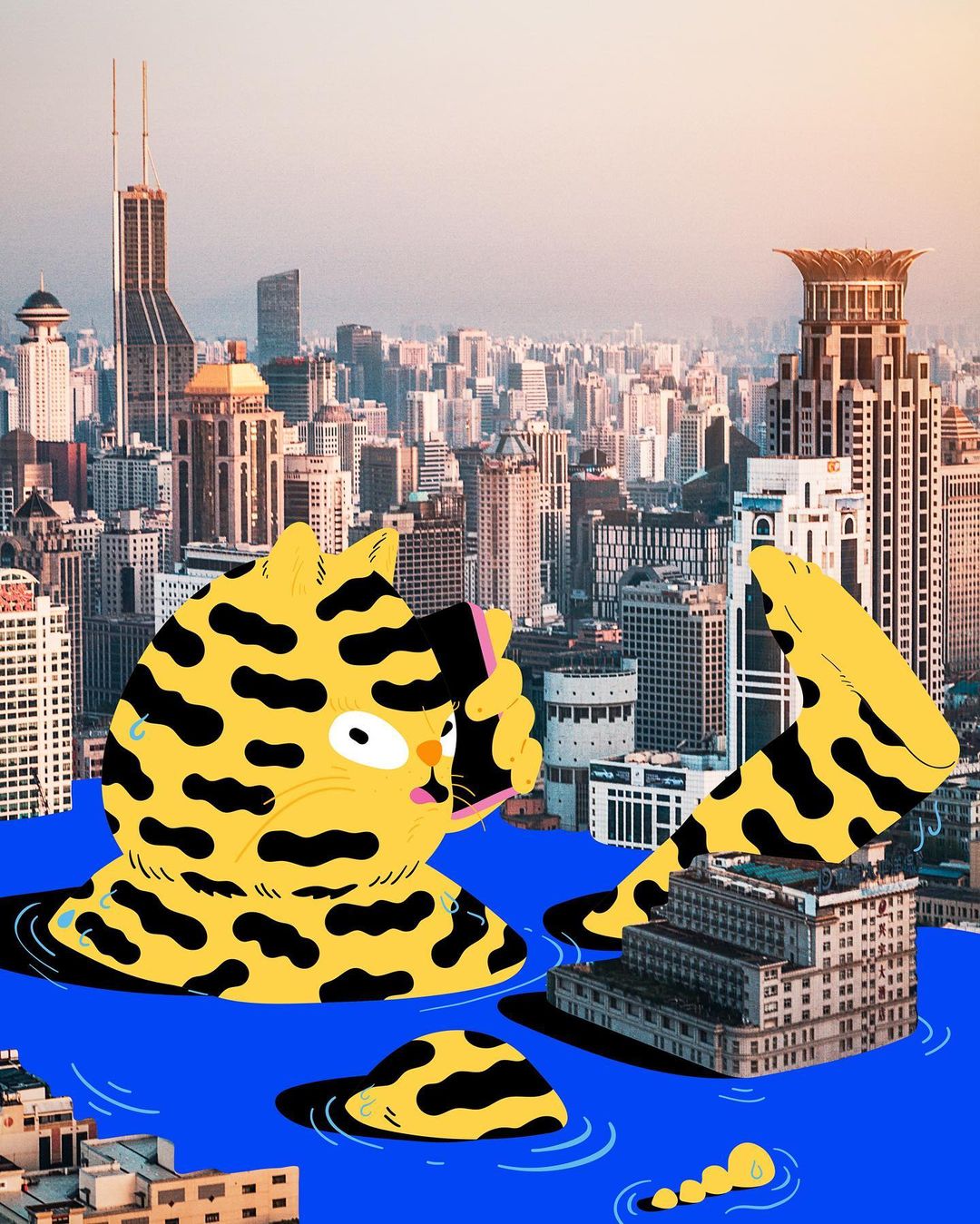 Illustration of a cartoon cat talking on a cell phone with a city skyline and blue water in the background; the cat is partially submerged.