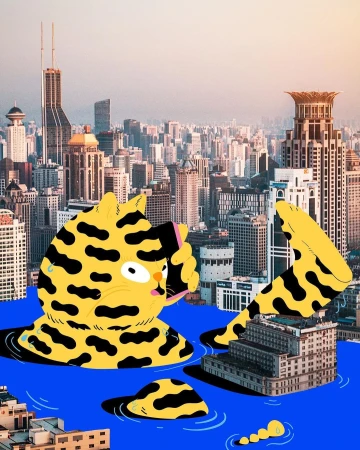 Illustration of a cartoon cat talking on a cell phone with a city skyline and blue water in the background; the cat is partially submerged.