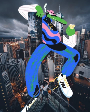 Stylized illustration featuring an anthropomorphic alligator in a patterned shirt standing on a rooftop overlooking a cityscape, with a man visible below.