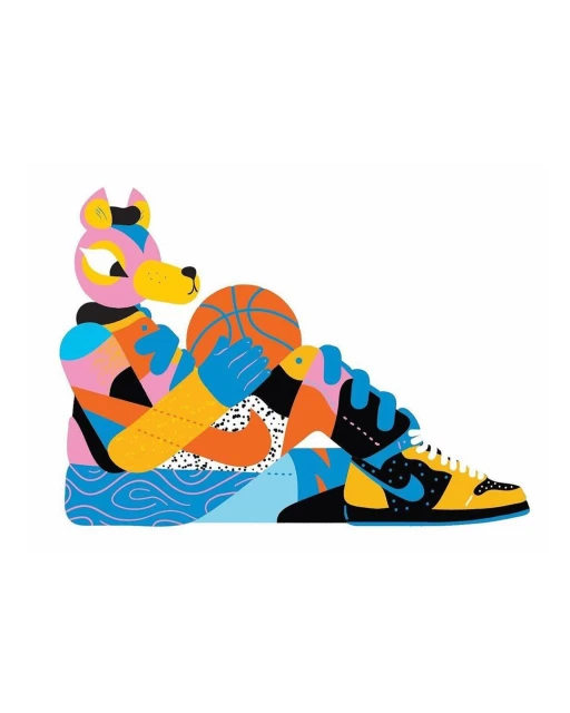 Abstract illustration of a humanoid canine character holding a basketball, next to a Nike Dunk sneaker, against a white background.