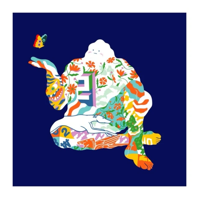 Whimsical illustration features a patterned figure with a butterfly, lounging dog, floral motifs, and vibrant colors against a blue backdrop.