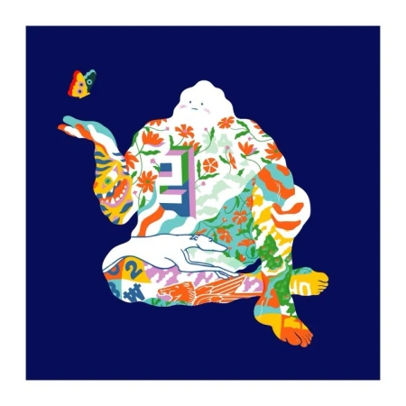 Whimsical illustration features a patterned figure with a butterfly, lounging dog, floral motifs, and vibrant colors against a blue backdrop.