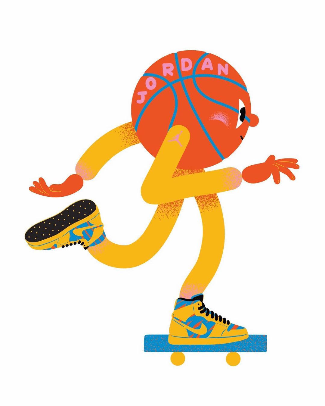 Illustration of a cartoon basketball character with arms and legs on a skateboard, wearing sneakers with the name Jordan visible.