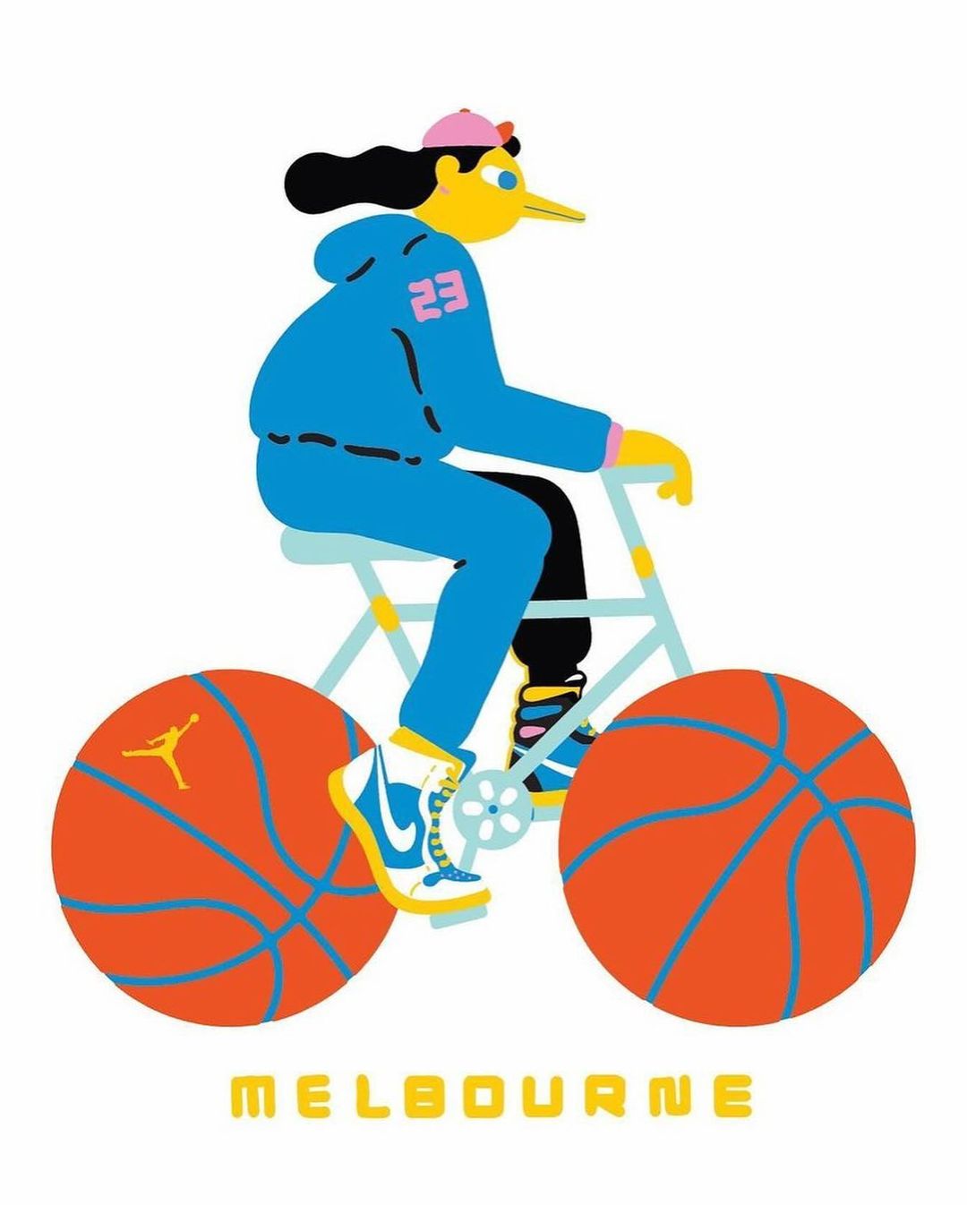 Illustration of person riding bike with basketball wheels, wearing blue sweatsuit and sneakers, against a white background.