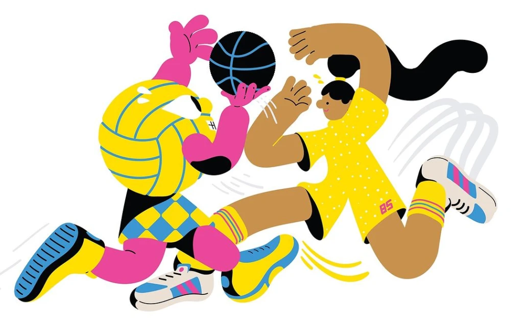 Illustration of two abstract athletes playing with a basketball and volleyball in motion with yellow and pink tones on a white backdrop.