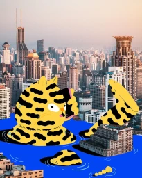 Giant yellow cat with black stripes holding a smartphone submerged in a blue city flood by Brolga