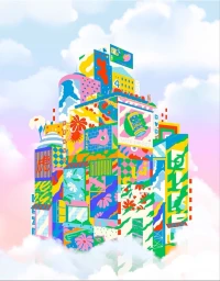 Colorful stacked tower of buildings floating among clouds with vibrant patterns and soda can illustration