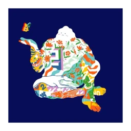 Colorful vector illustration of a seated figure filled with floral patterns and numbers, holding a small butterfly against a deep blue background.