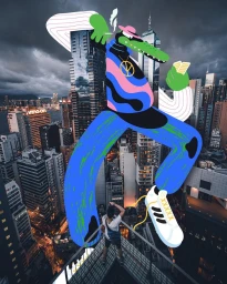 Giant illustrated green crocodile character with pink hat and blue pants smoking over a dense city rooftop in a mixed media collage image