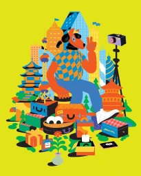 Colorful vector illustration by Brolga featuring an anthropomorphic orange character surrounded by travel suitcases and cityscape landmarks.
